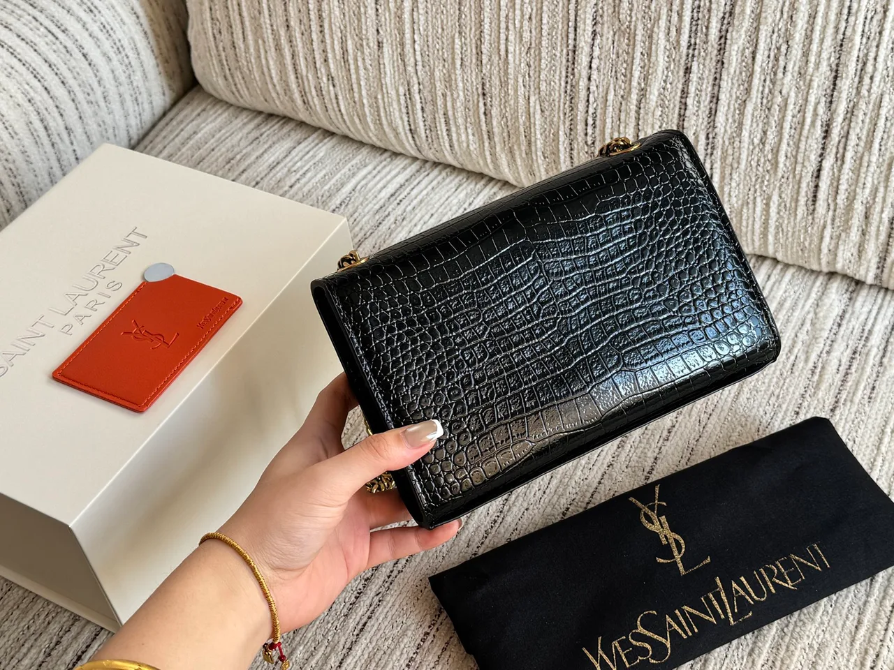 Saint Laurent Kate Croc-Pattern Chain Bag in Black · view 4