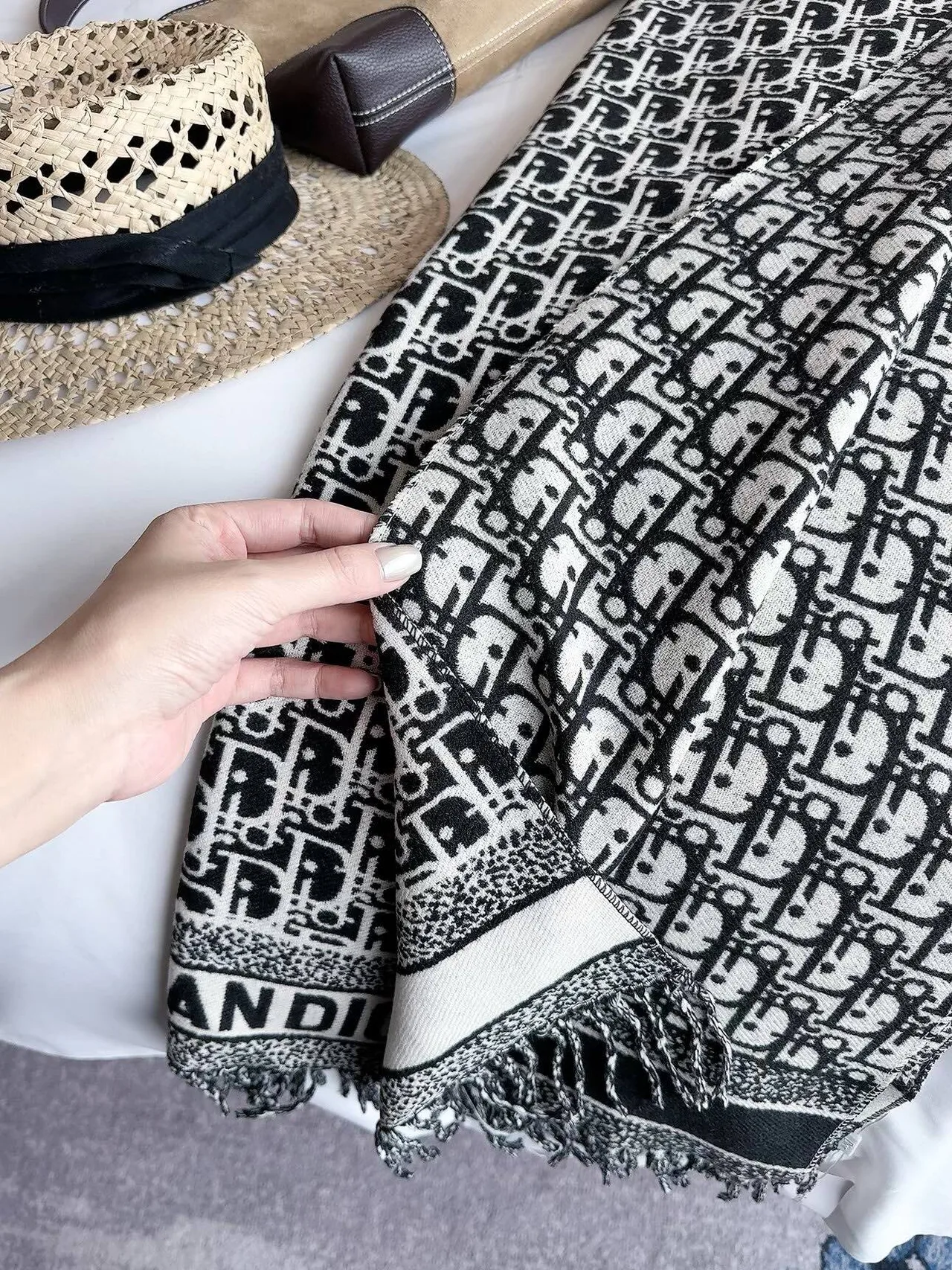 Dior Oblique Fringed Scarf in Tan & Black · view 8