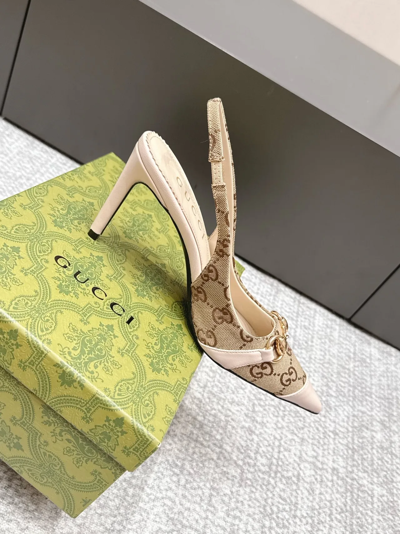 Gucci Glossy Pointed-Toe Monogram Slingback Pumps in Beige · view 5