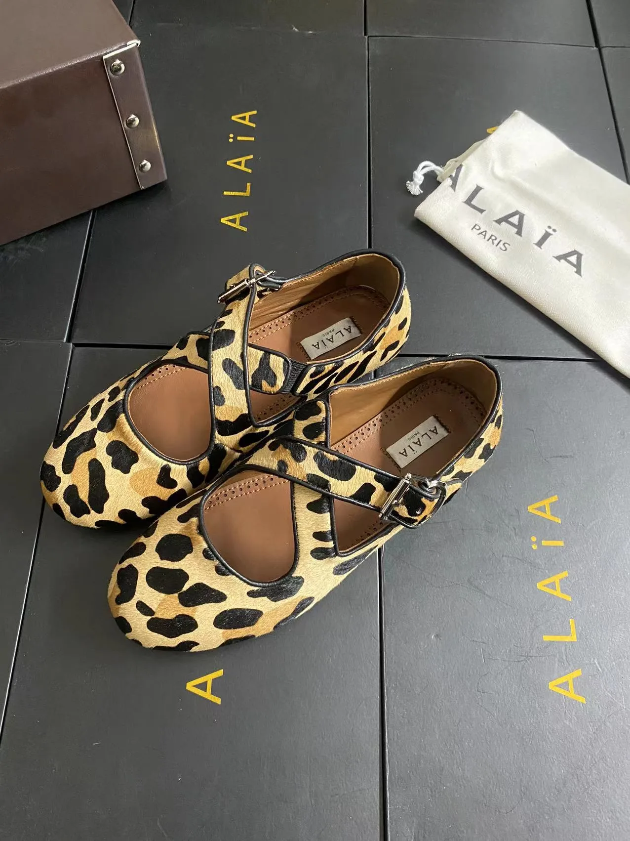 Alaia Cowhide Sheepskin Round-Toe Buckle Ballet Flats in Brown · view 3