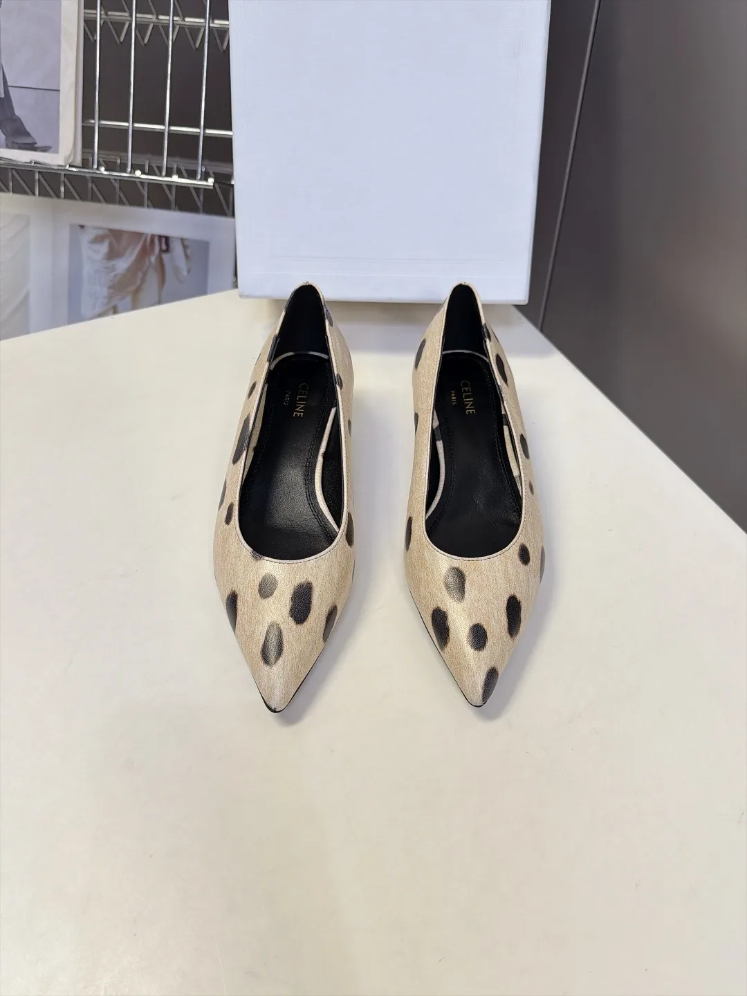 Celine Lambskin Pointed-Toe Spotted Kitten Heel Pumps in Beige · view 1