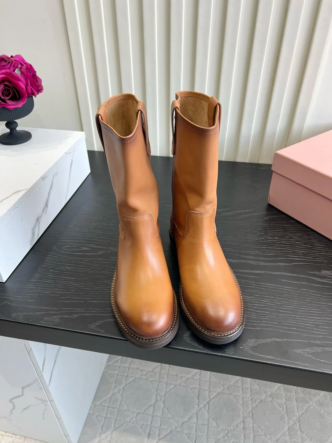 Miu Miu Cowhide Smooth Round-Toe Mid-Calf Boots in Tan · view 1