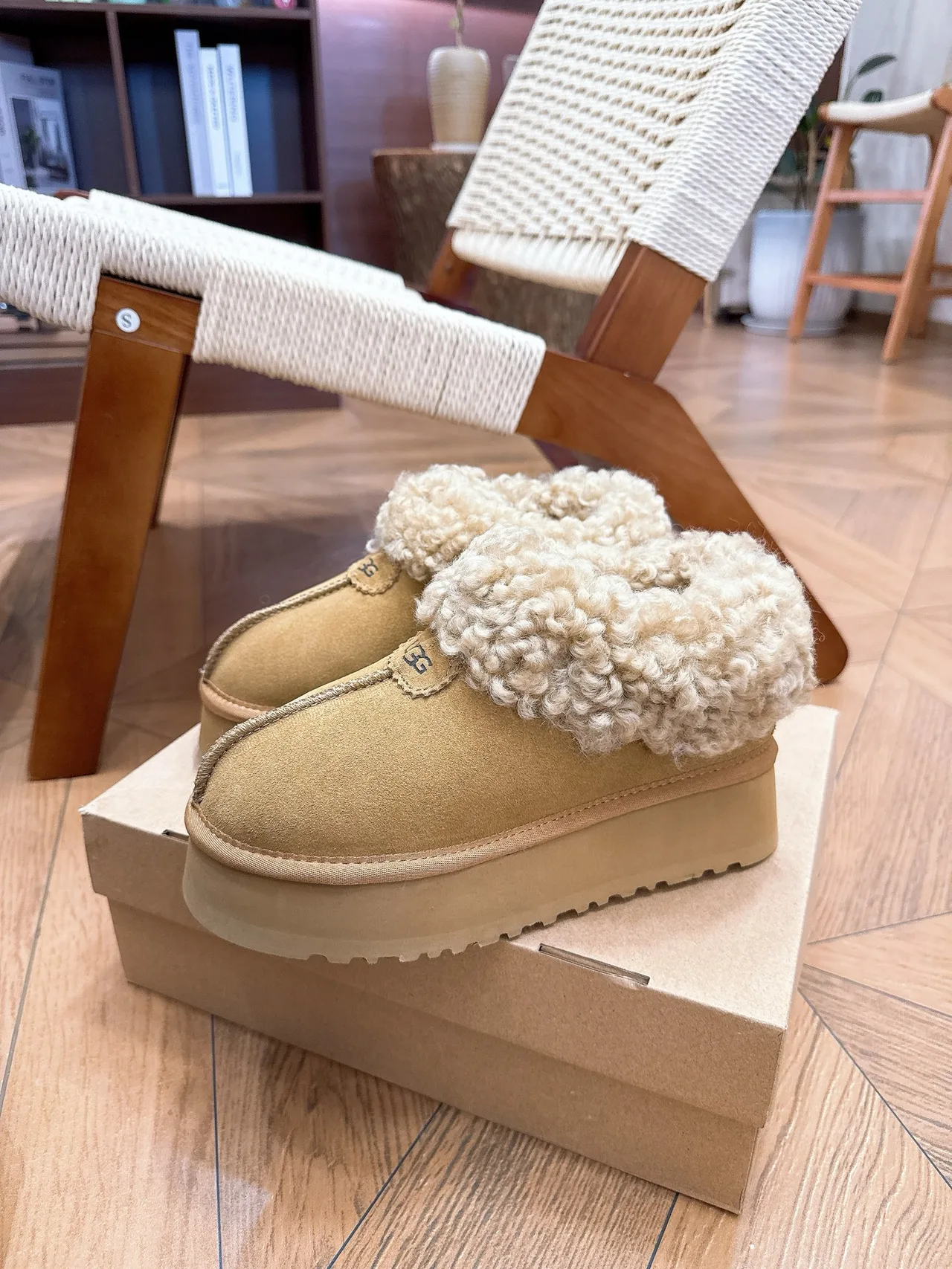 UGG Cowhide Wool Round-Toe Slippers in Brown · view 5