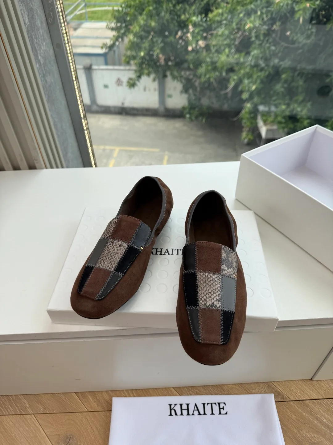 Khaite Sheepskin Check Suede-Look Loafers in Brown · view 4