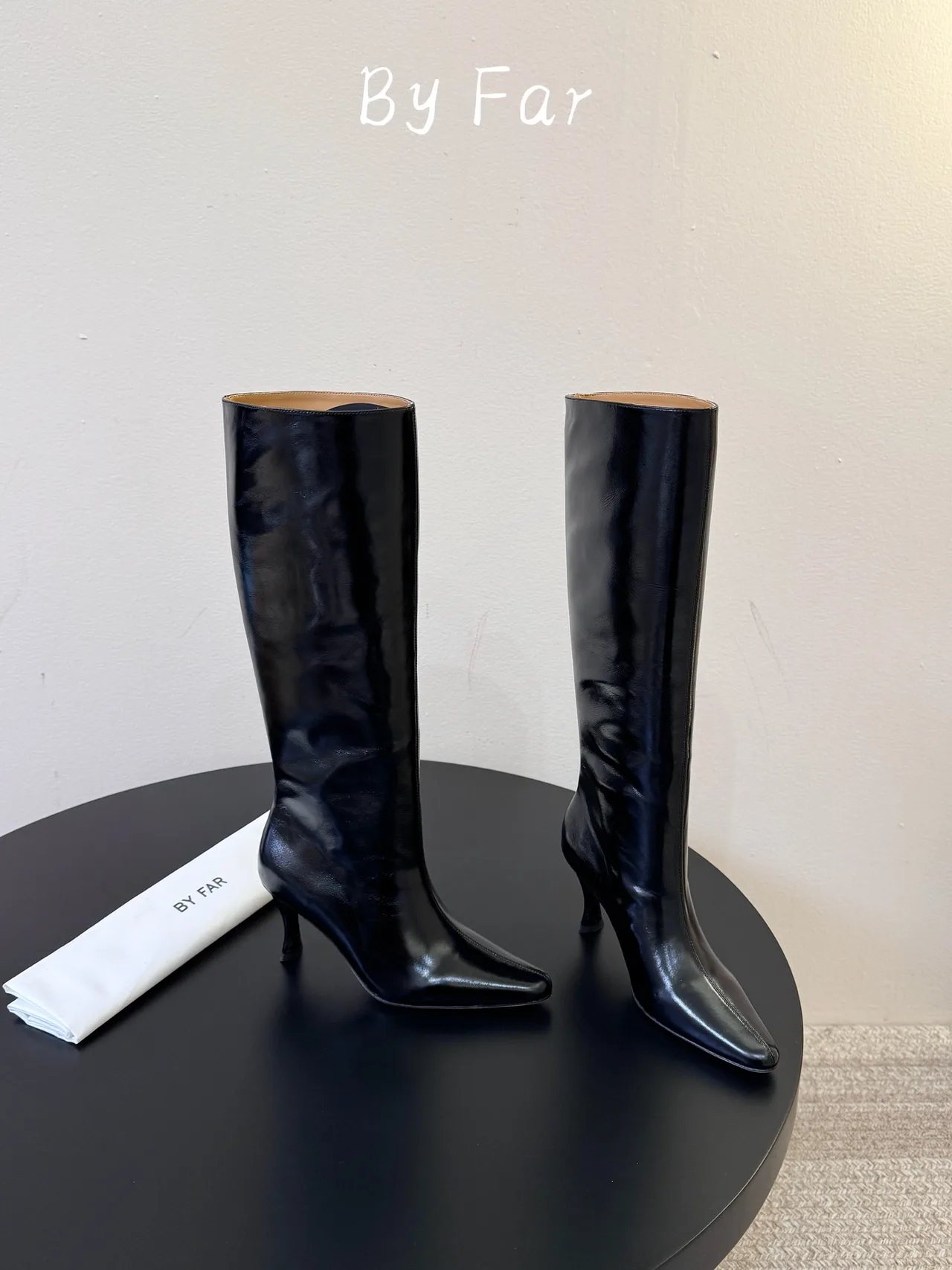 By Far Glossy Pointed-Toe Lace-Up Knee-High Boots in Black · view 4
