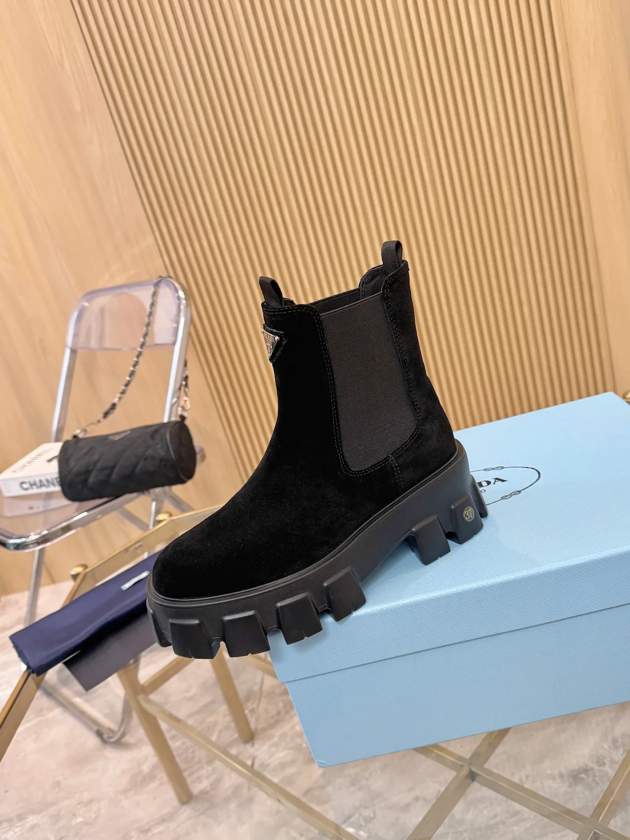 Prada Glossy Ankle Boots in Black · view 6