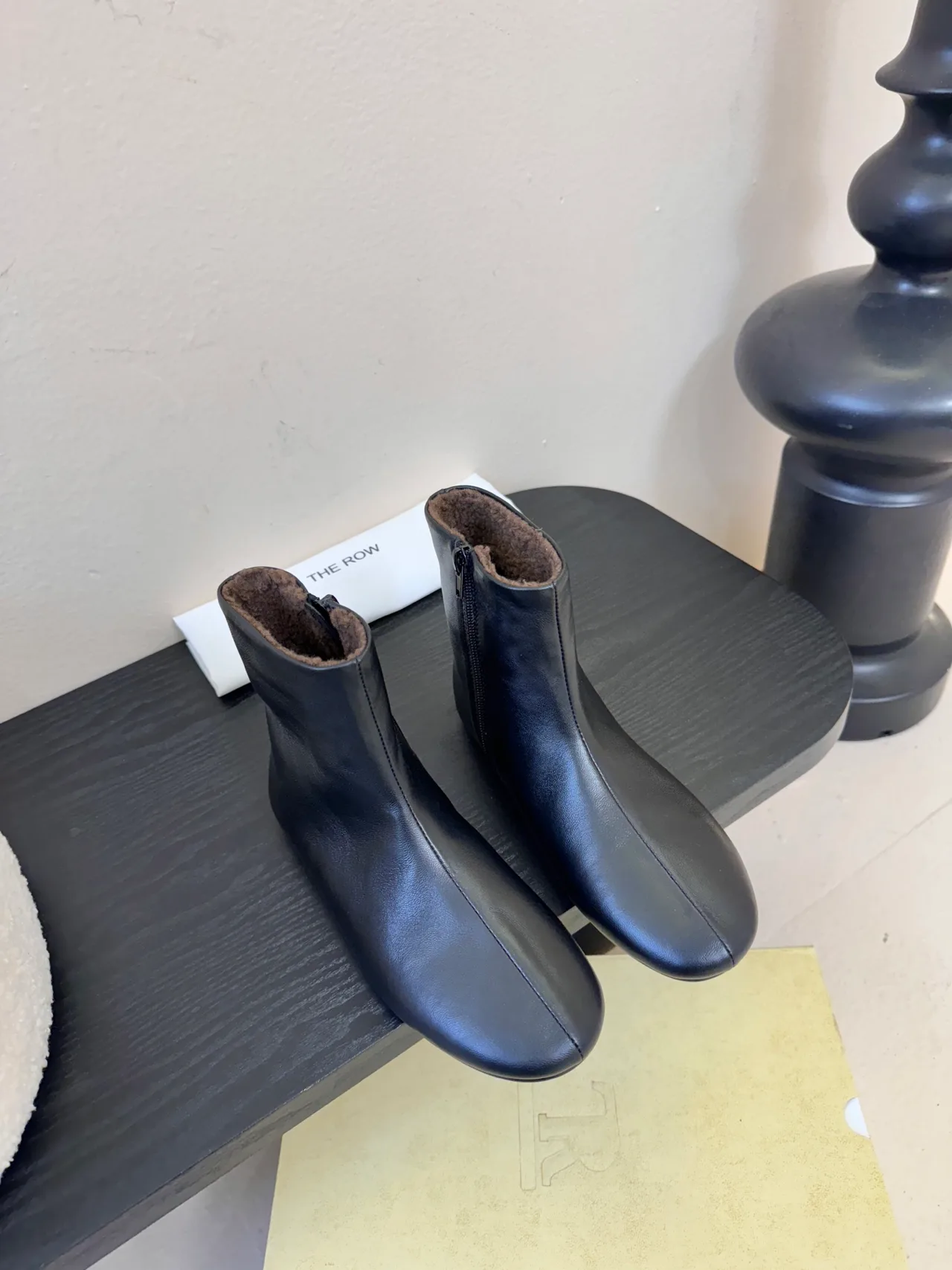 Glossy Round-Toe Lined Ankle Boots in Black · view 2