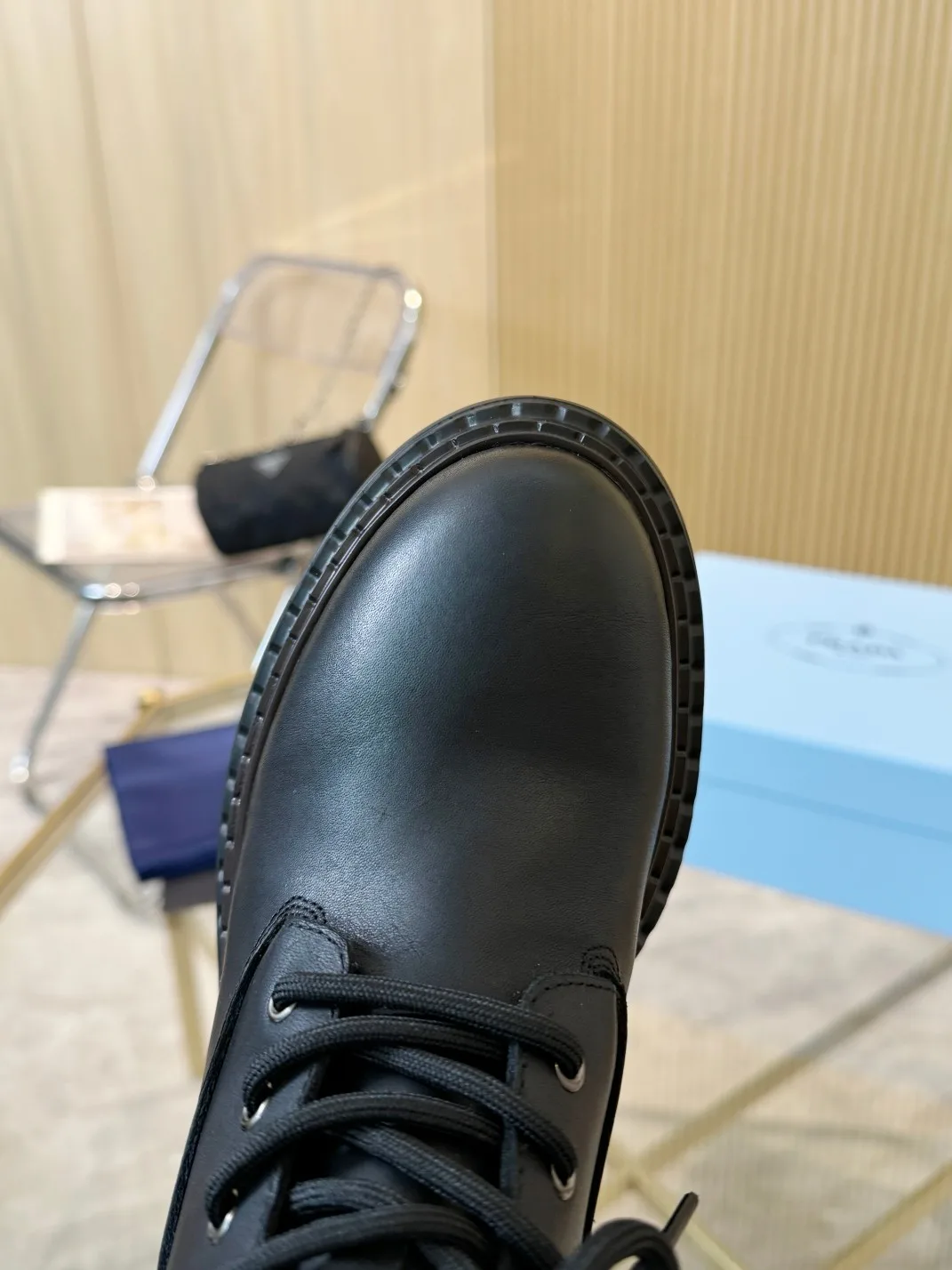 Prada Lace-Up Ankle Boots in Black · view 8
