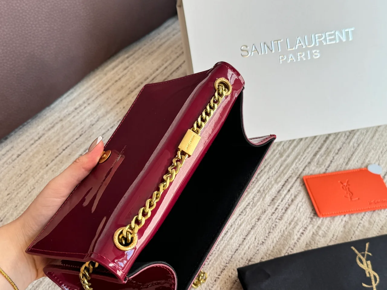 Saint Laurent Kate Glossy Chain-Strap Shoulder Bag in Burgundy · view 8