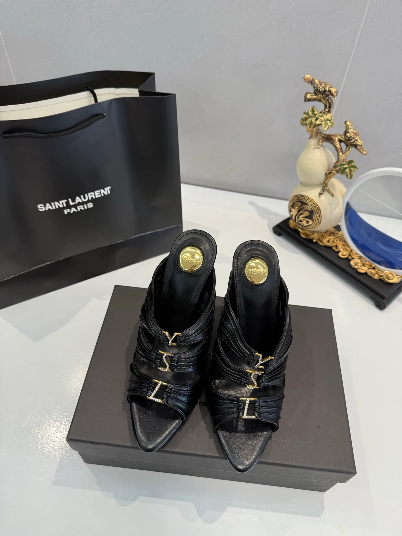 Saint Laurent Letter-Strap Heel Mules in Black / Red · view 6
