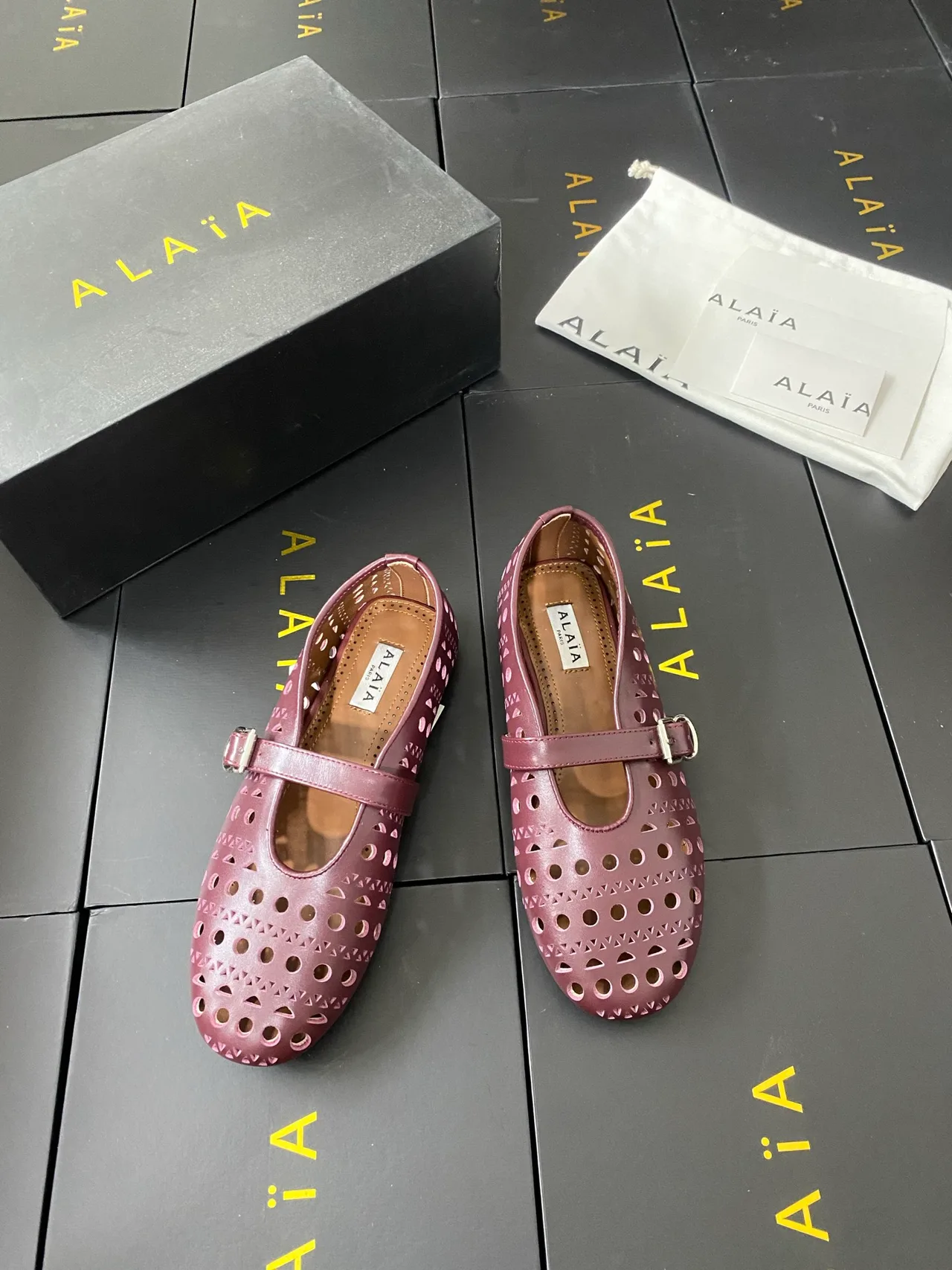 Alaia Cowhide Sheepskin Smooth Buckle Ballet Flats in Pink · view 2