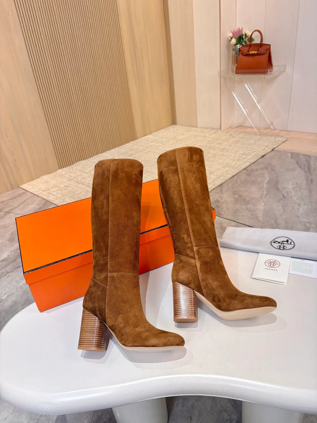 Hermes Suede-Look Round-Toe Knee-High Boots in Brown · view 3