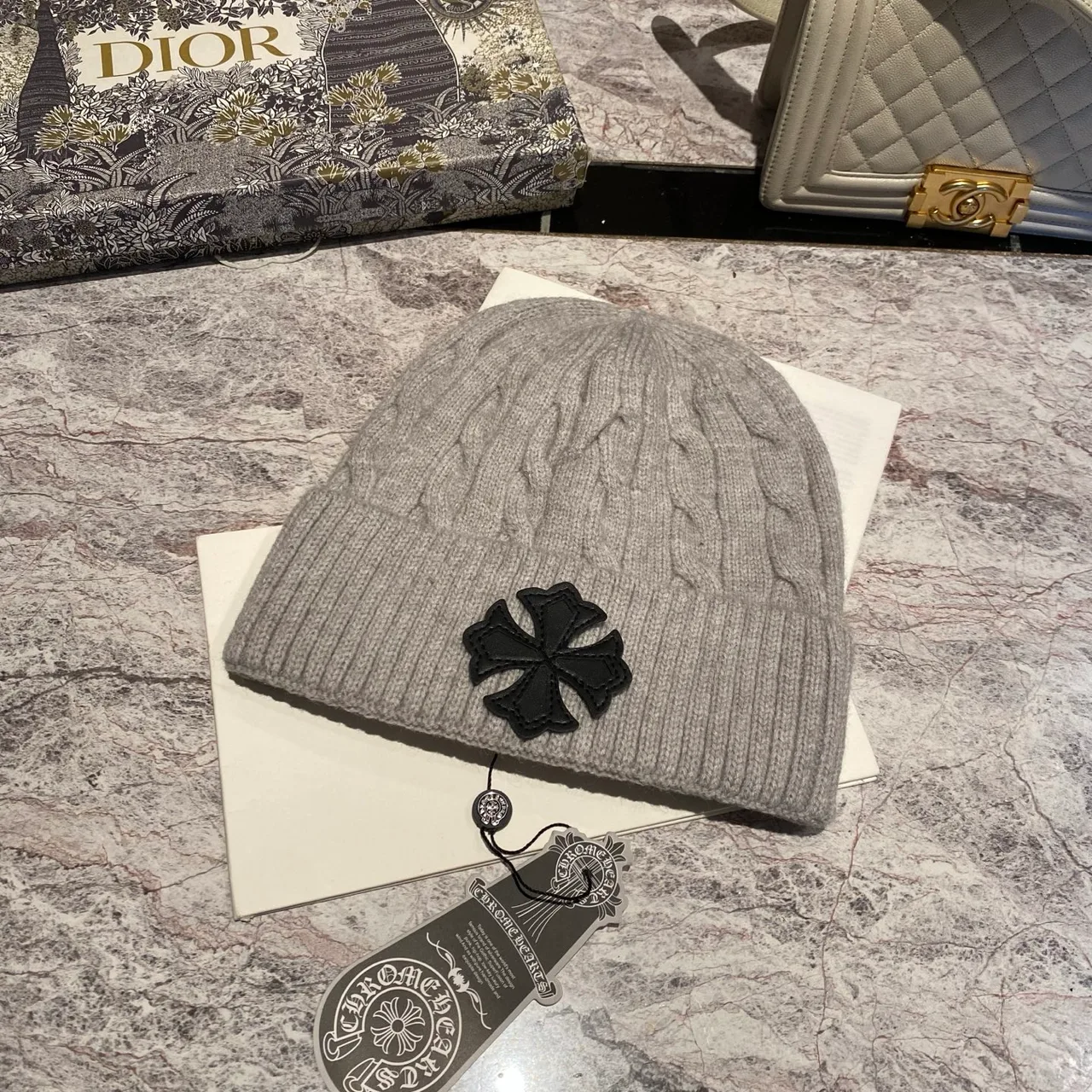 Chrome Hearts Cross Cable-Knit Beanie in Pink & White & Grey & Black & Blue & Red & Brown · view 3