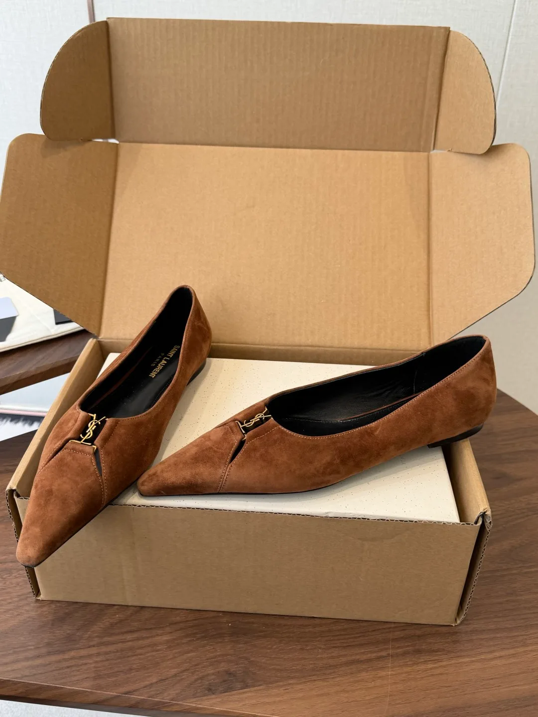 Saint Laurent Sheepskin Suede-Look Pointed-Toe Flats in Brown · view 3
