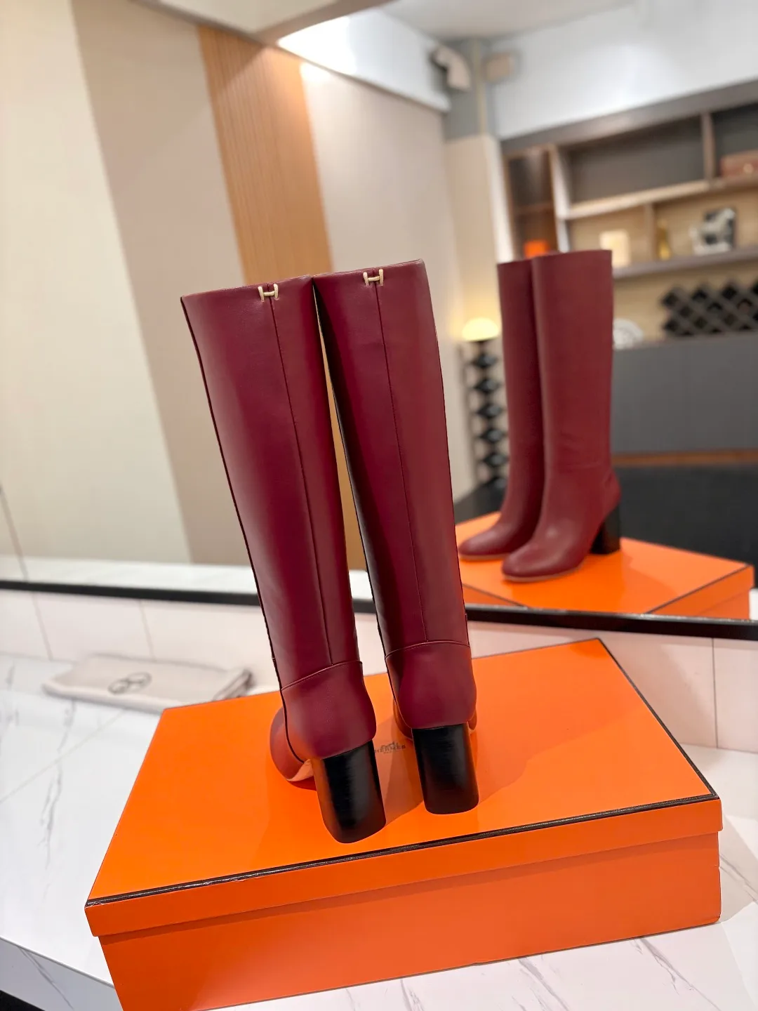 Hermes Cowhide Knee-High Boots in Burgundy · view 6