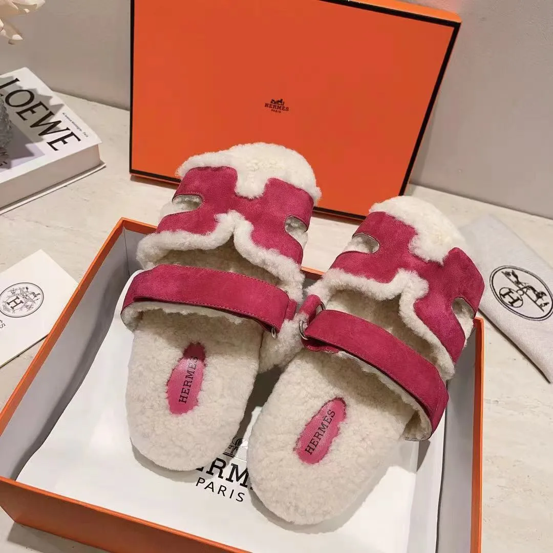 Hermes Sheepskin Chypre Shearling Slides in Pink · view 1