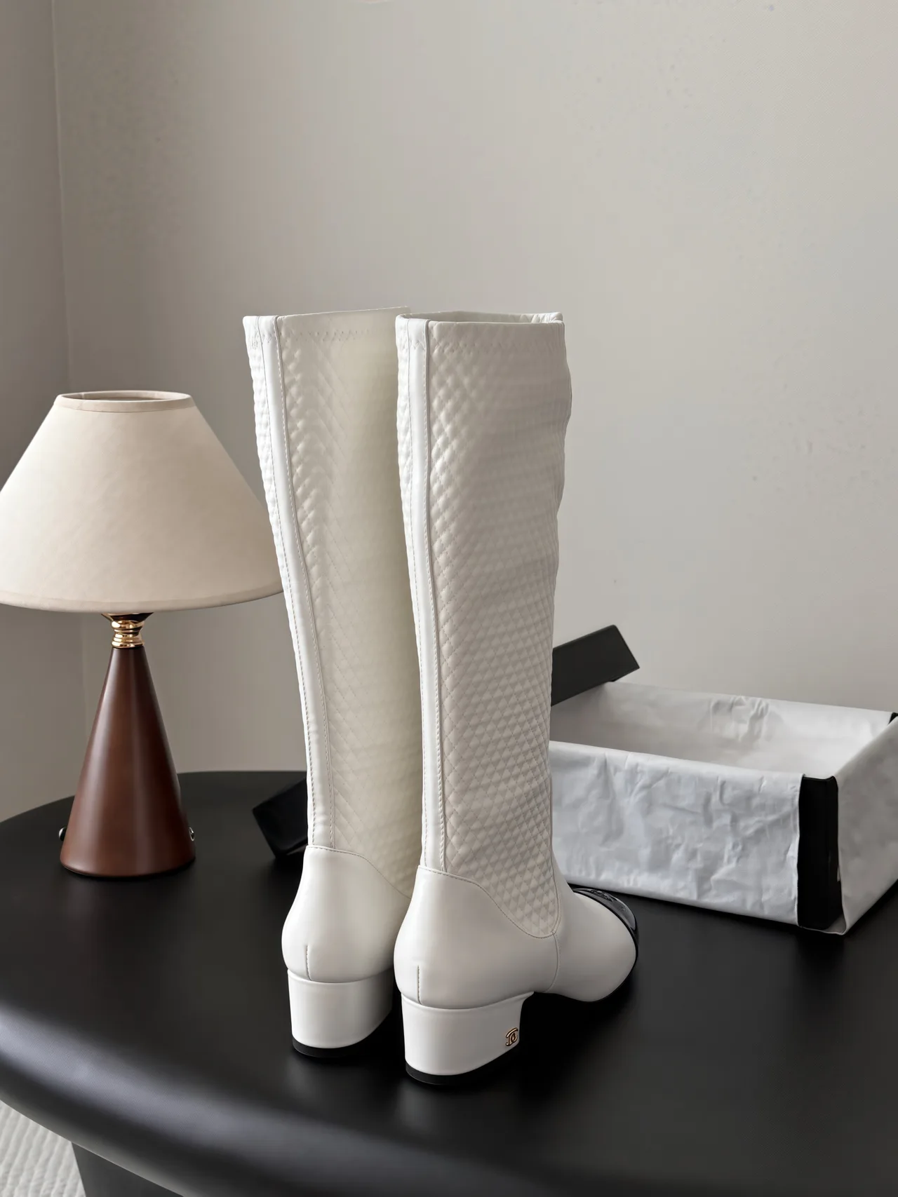 Chanel Cowhide Glossy Pointed-Toe Knee-High Boots in White · view 3