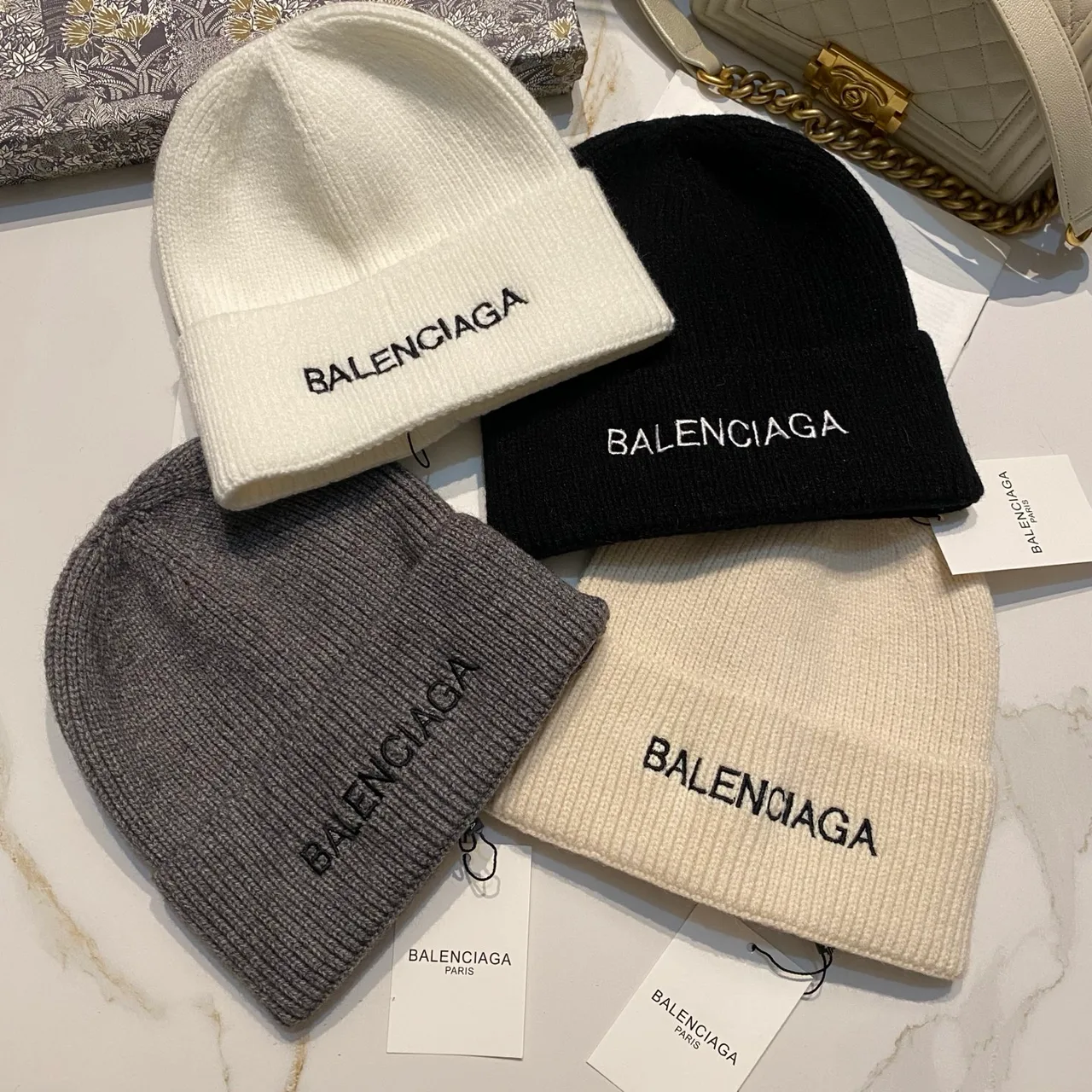 Balenciaga Logo knit beanie in Black & Beige & White & Grey · view 7