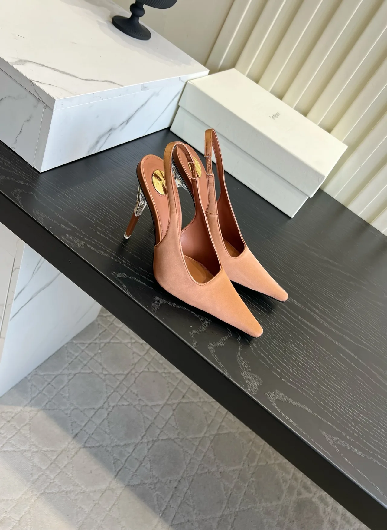 Saint Laurent Cowhide Silk Glossy Pointed-Toe Slingback Heels in Brown · view 3
