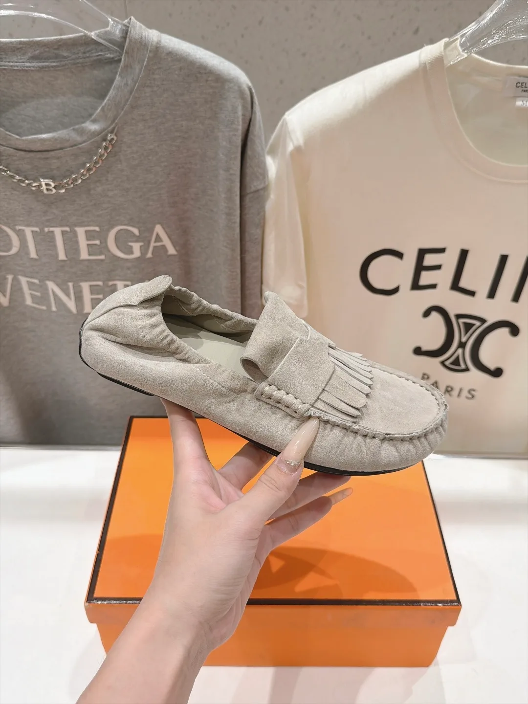 Hermes Suede-Look Round-Toe Loafers in Grey · view 5