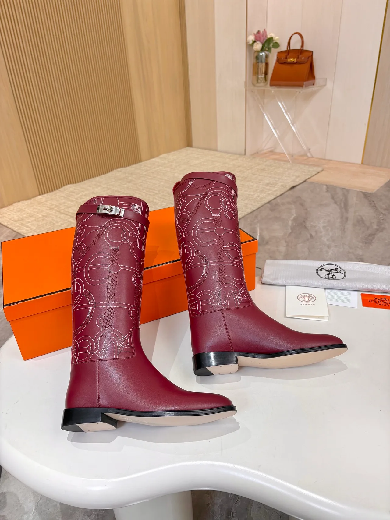 Hermes Cowhide Glossy Pointed-Toe Boots in Burgundy · view 3