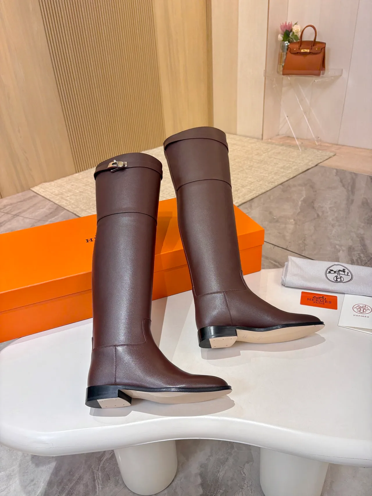 Hermes Cowhide Glossy Pointed-Toe Boots in Brown · view 3