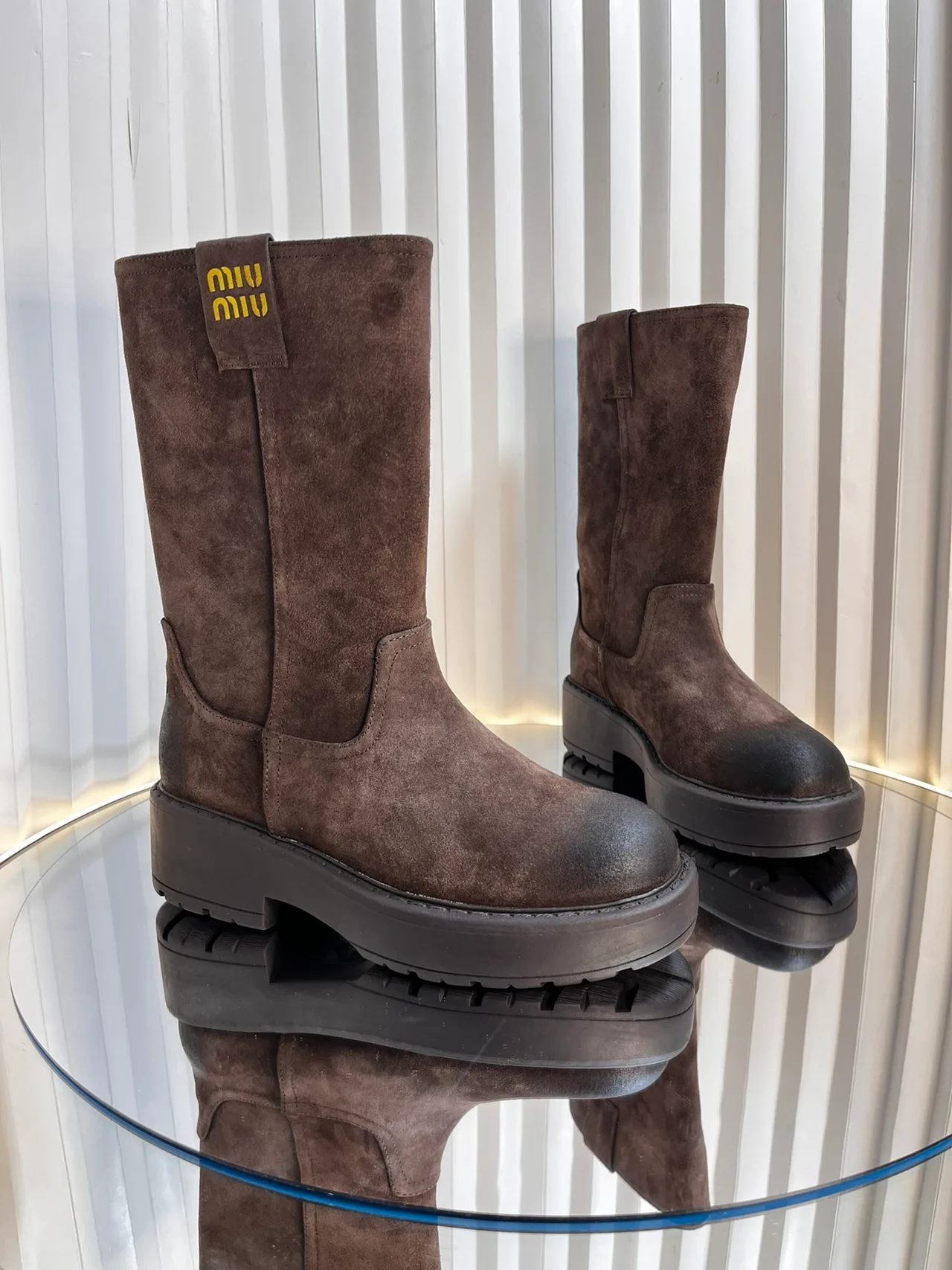 Miu Miu Calfskin Knee-High Boots in Brown · view 4