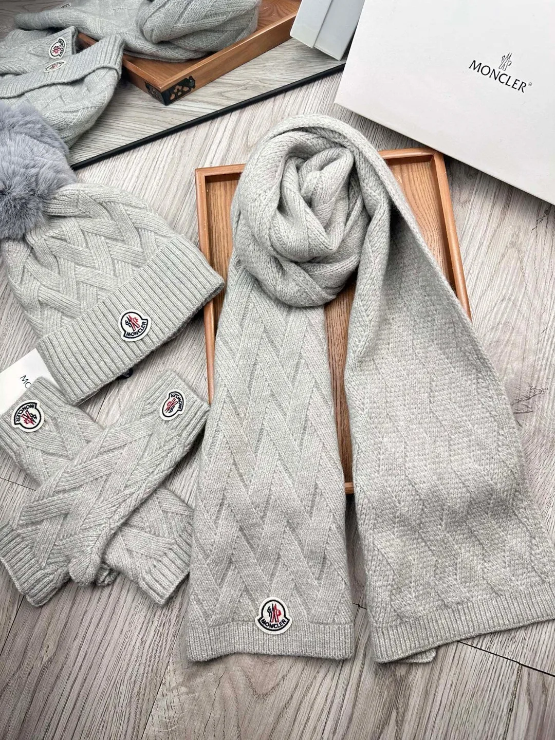 Moncler Wool Smooth Hat Scarf and Gloves Set in Grey · view 6