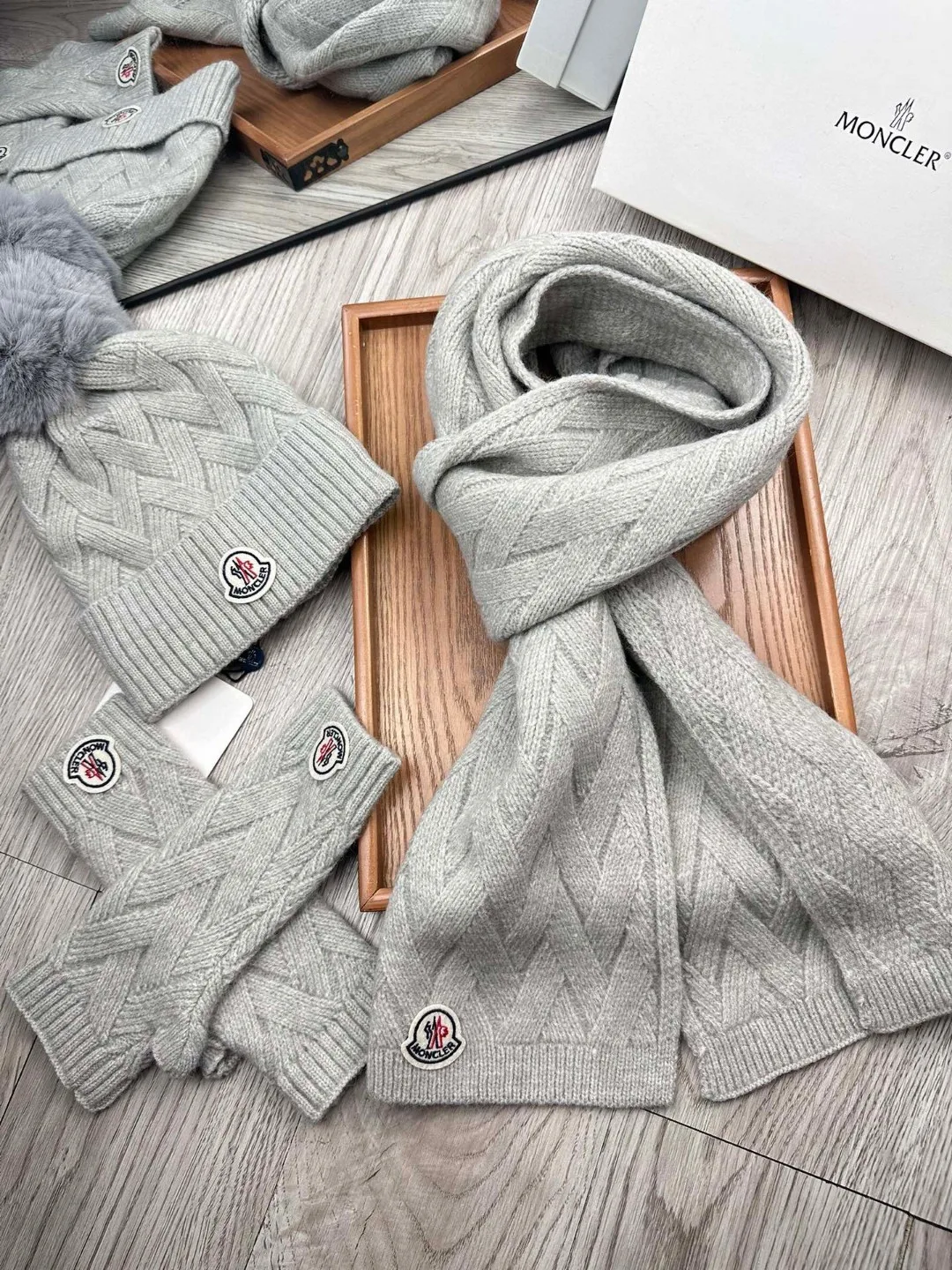 Moncler Wool Smooth Hat Scarf and Gloves Set in Grey · view 7