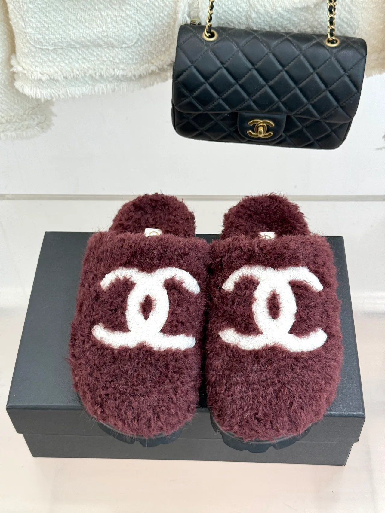 Chanel Denim Slippers in Burgundy · view 4
