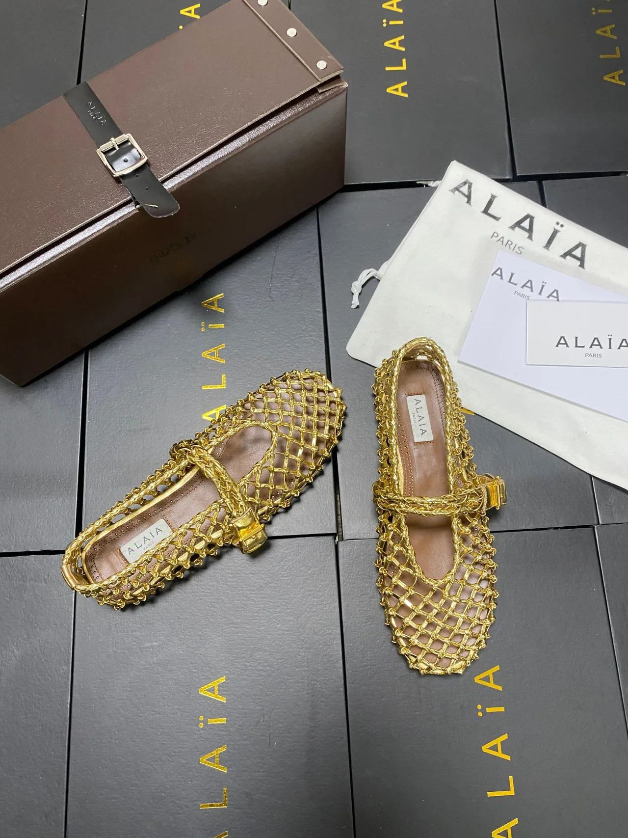 Alaia Cowhide Sheepskin Square-Toe Mary Jane Flats in Gold · view 5