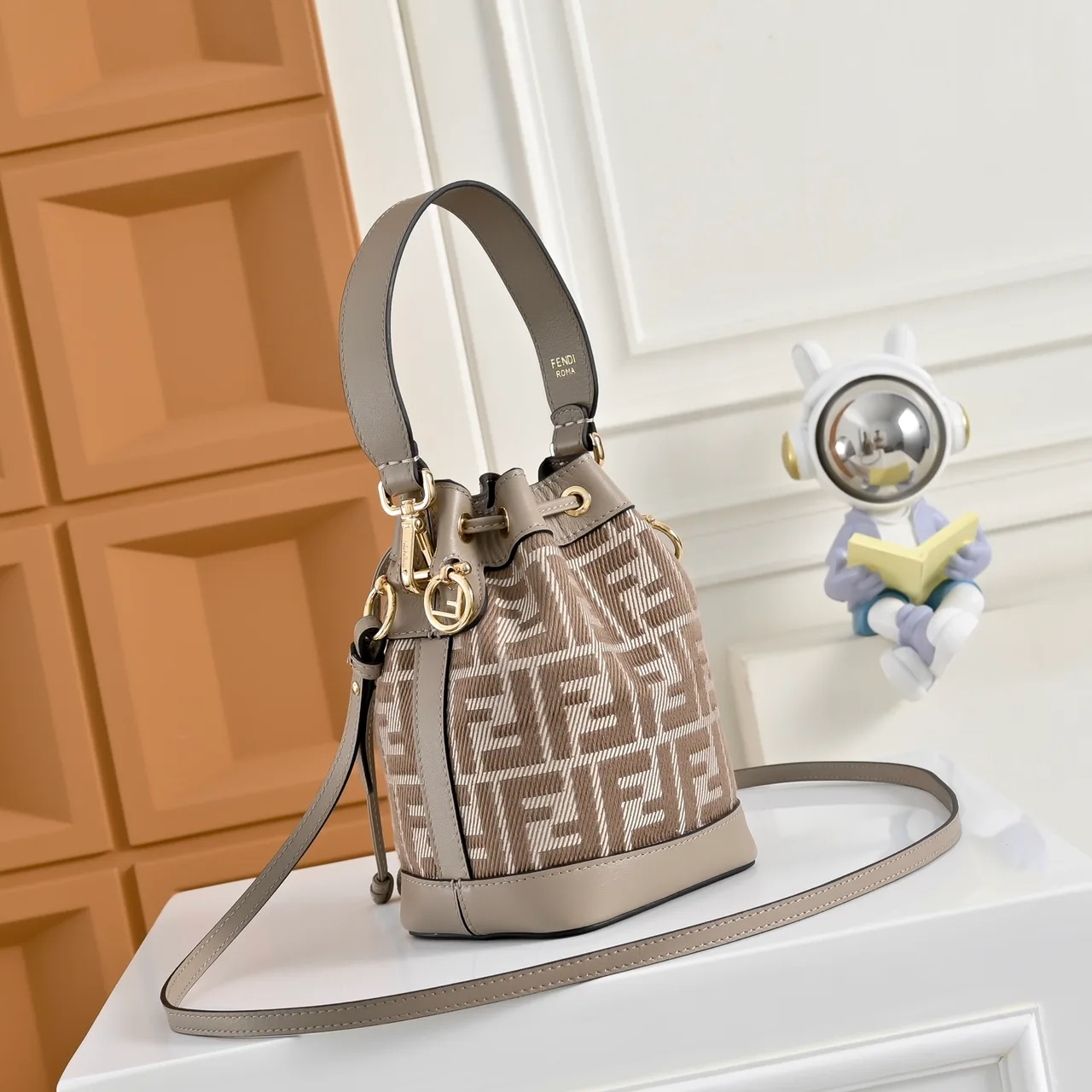 Fendi Calfskin Embroidered Bucket Bag in Beige · view 2