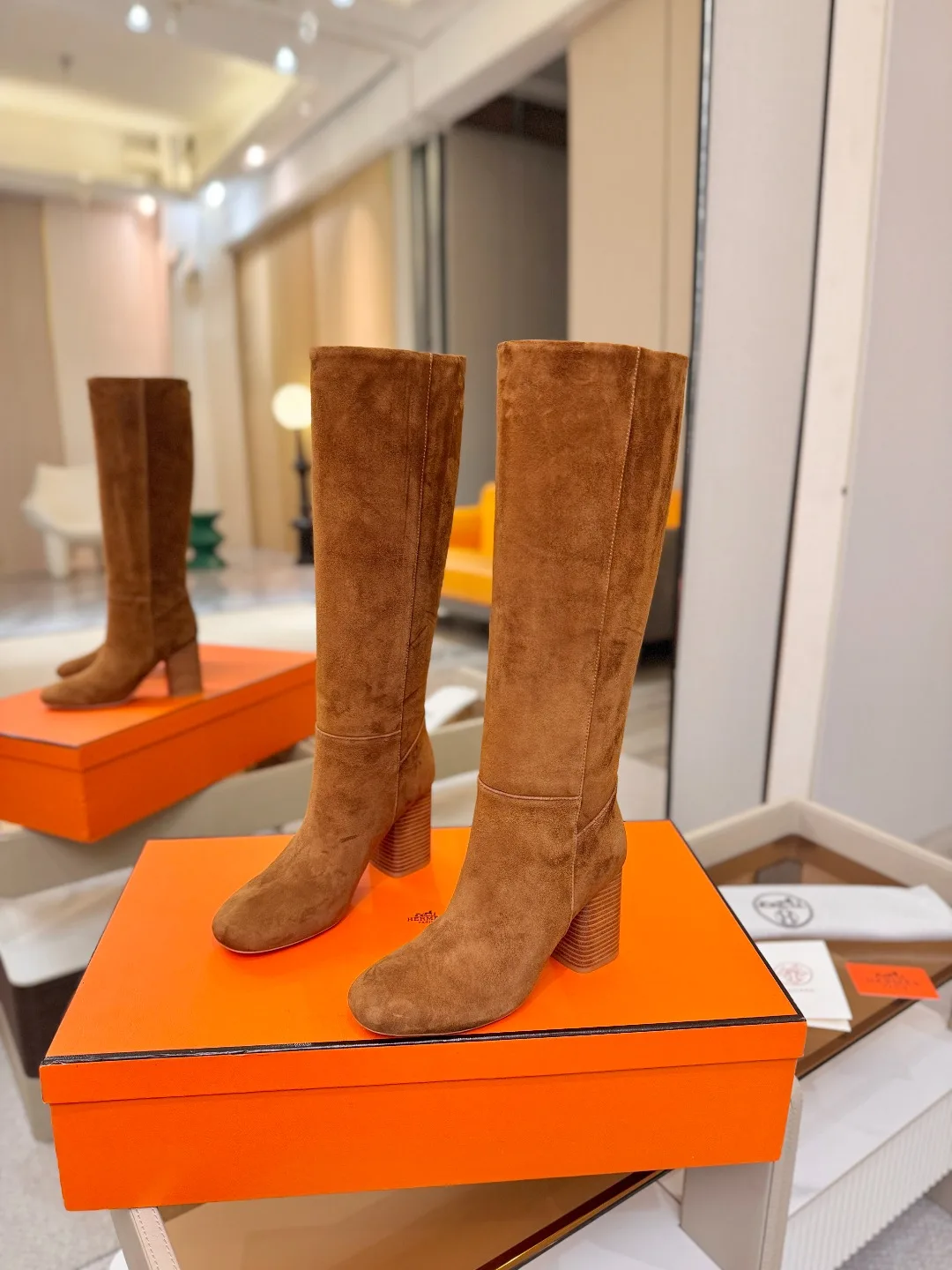 Hermes Cowhide Knee-High Boots in Brown · view 5