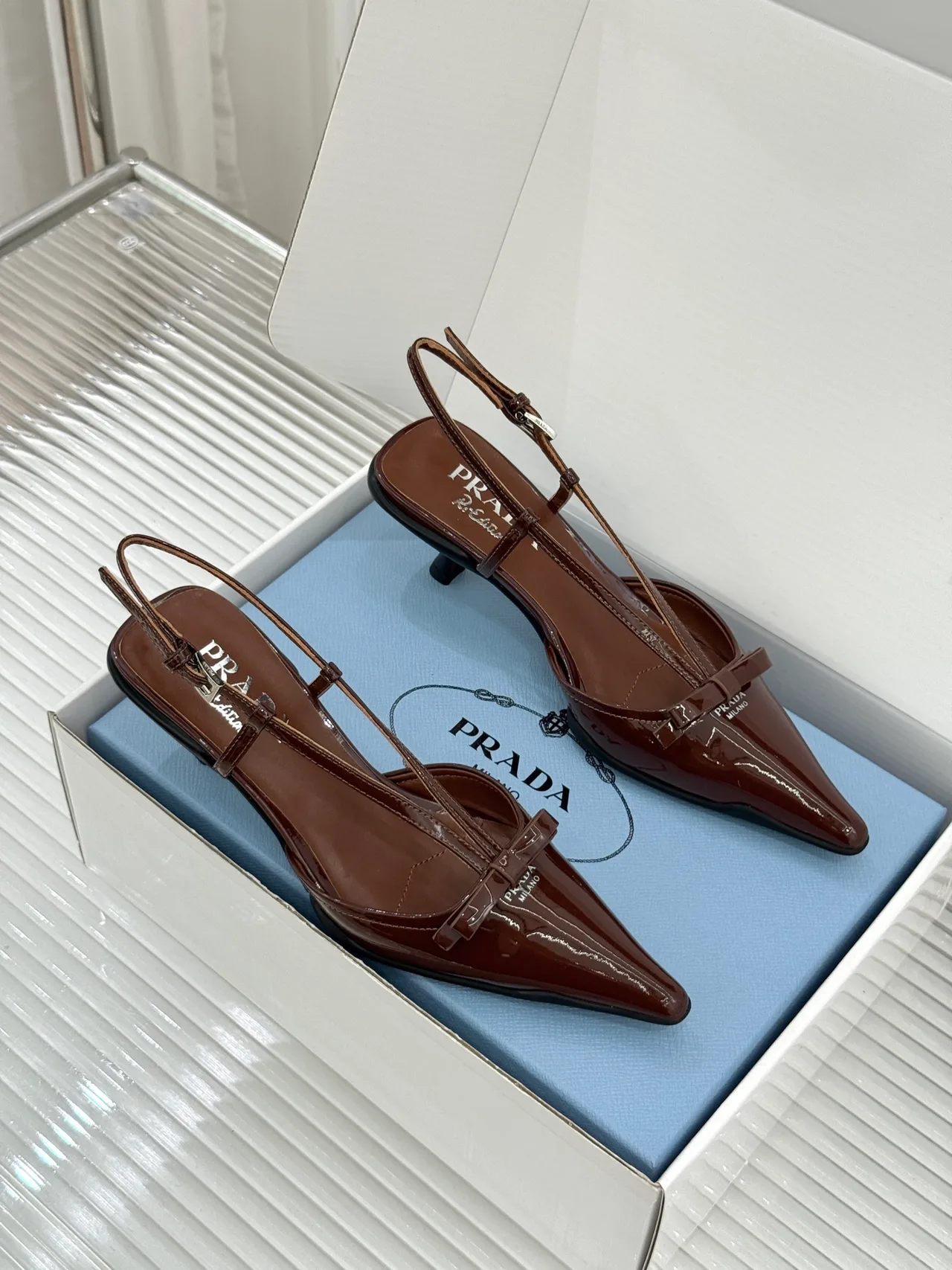 Prada Lambskin Slingback Pumps in Brown · view 3