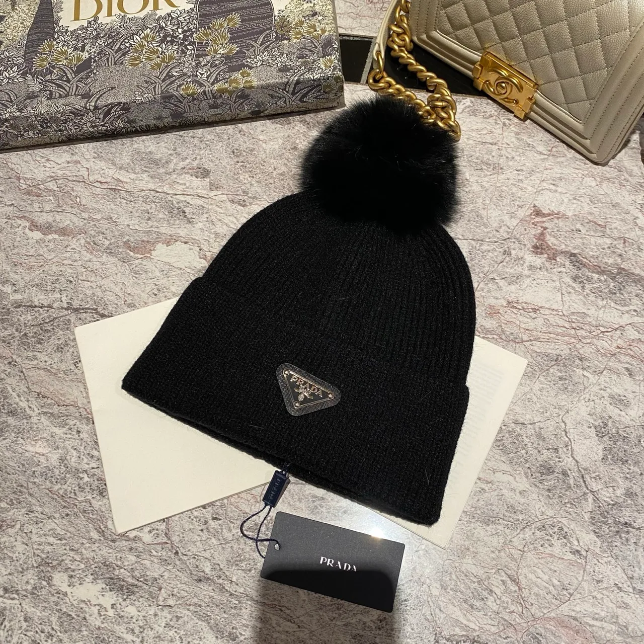 Prada Pom-Pom Beanie in Black & White & Cream & Tan & Grey & Red · view 1