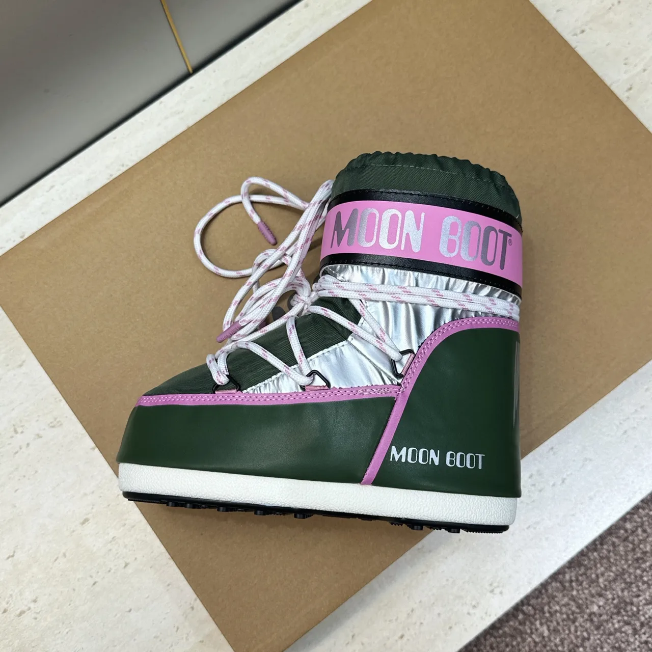 Moon Boot Quilted Striped Lace-Up Snow Boots in Green · view 5