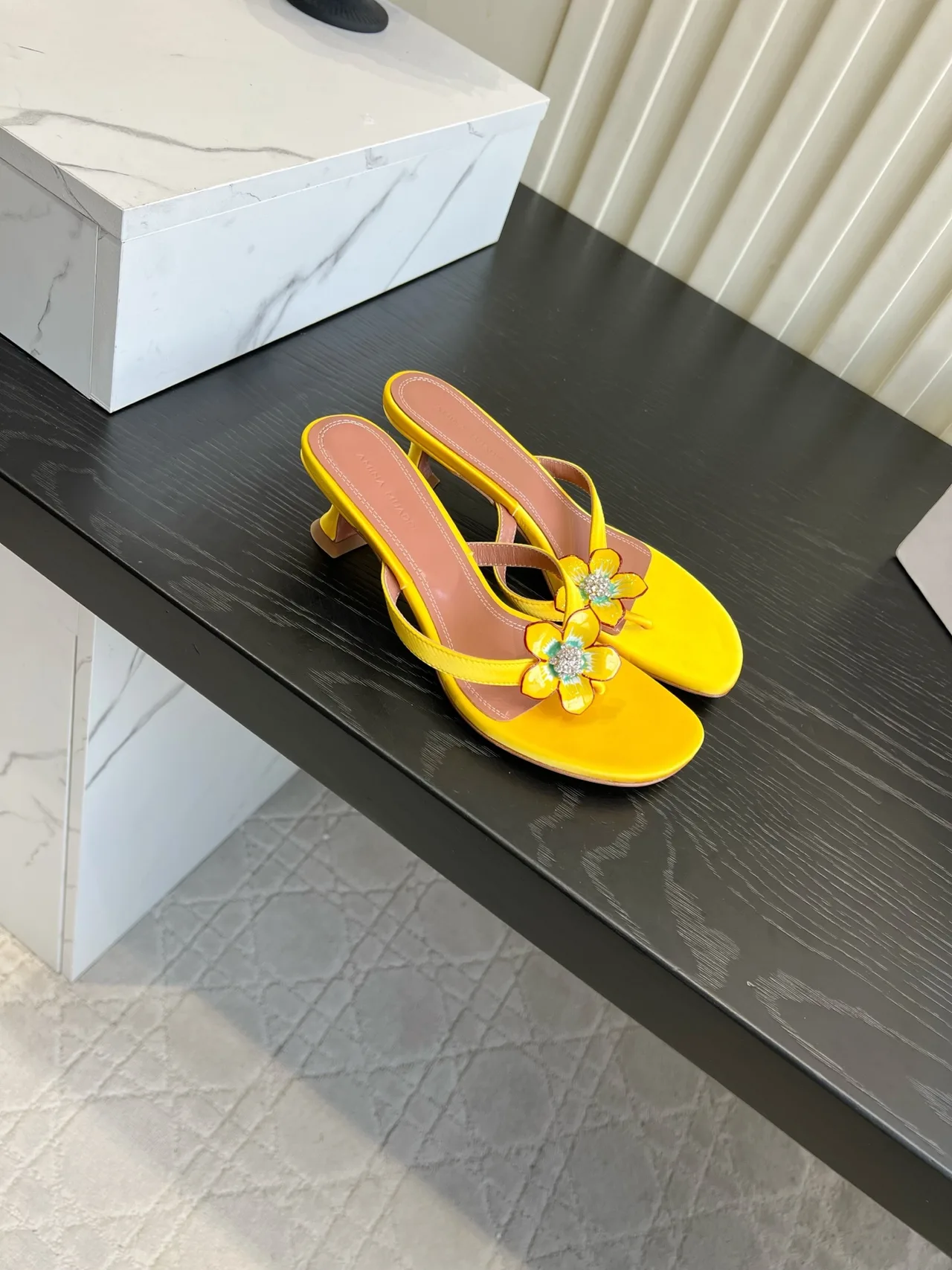 Amina Muaddi Silk Sandals in Yellow · view 3