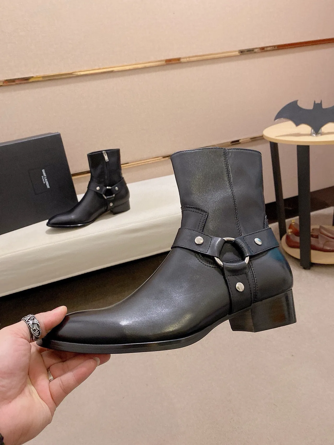 Saint Laurent Cowhide Glossy Pointed-Toe Boots in Black · view 3