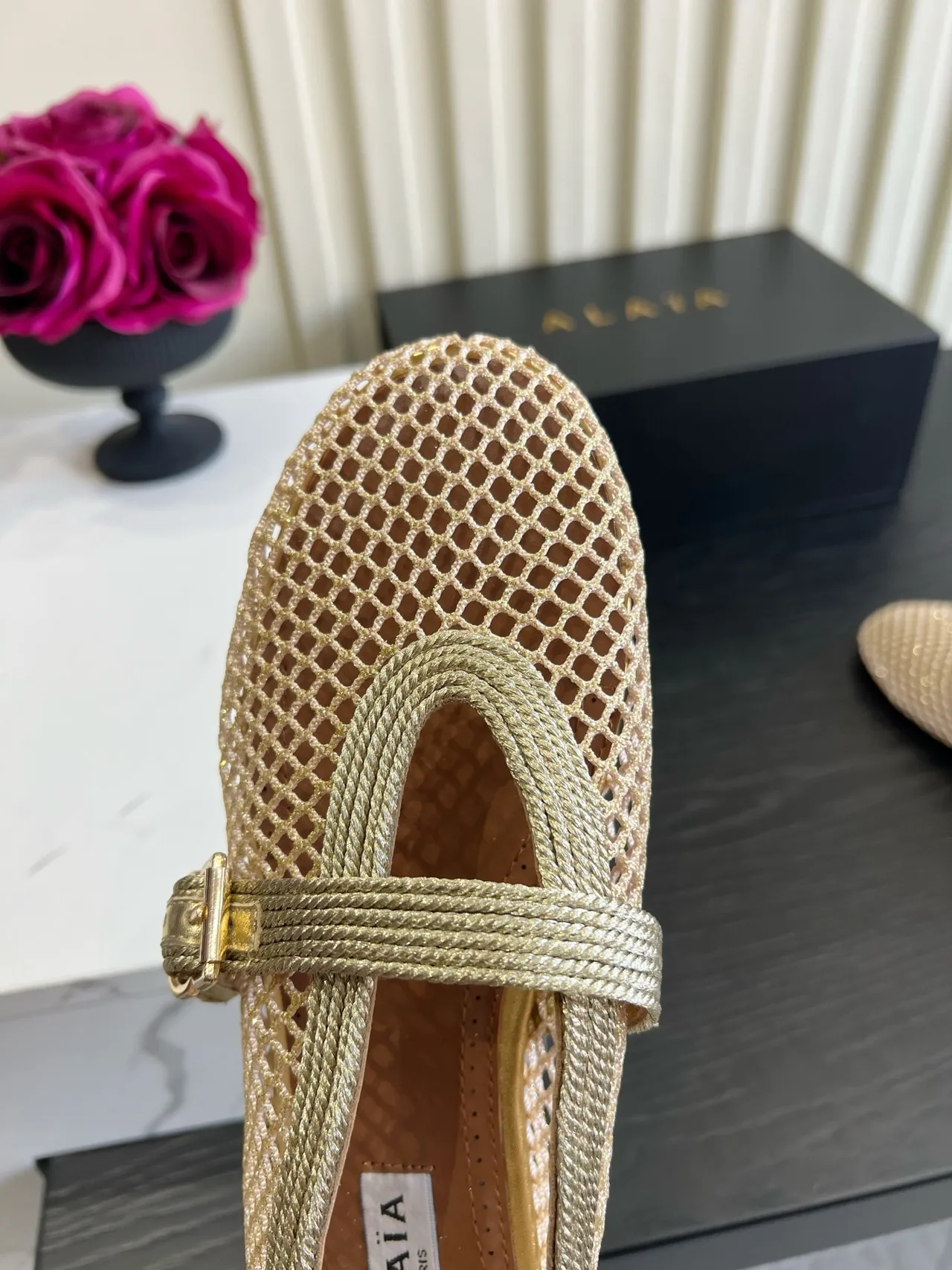 Alaia Sheepskin Mesh Mary Jane Flats in Gold · view 6