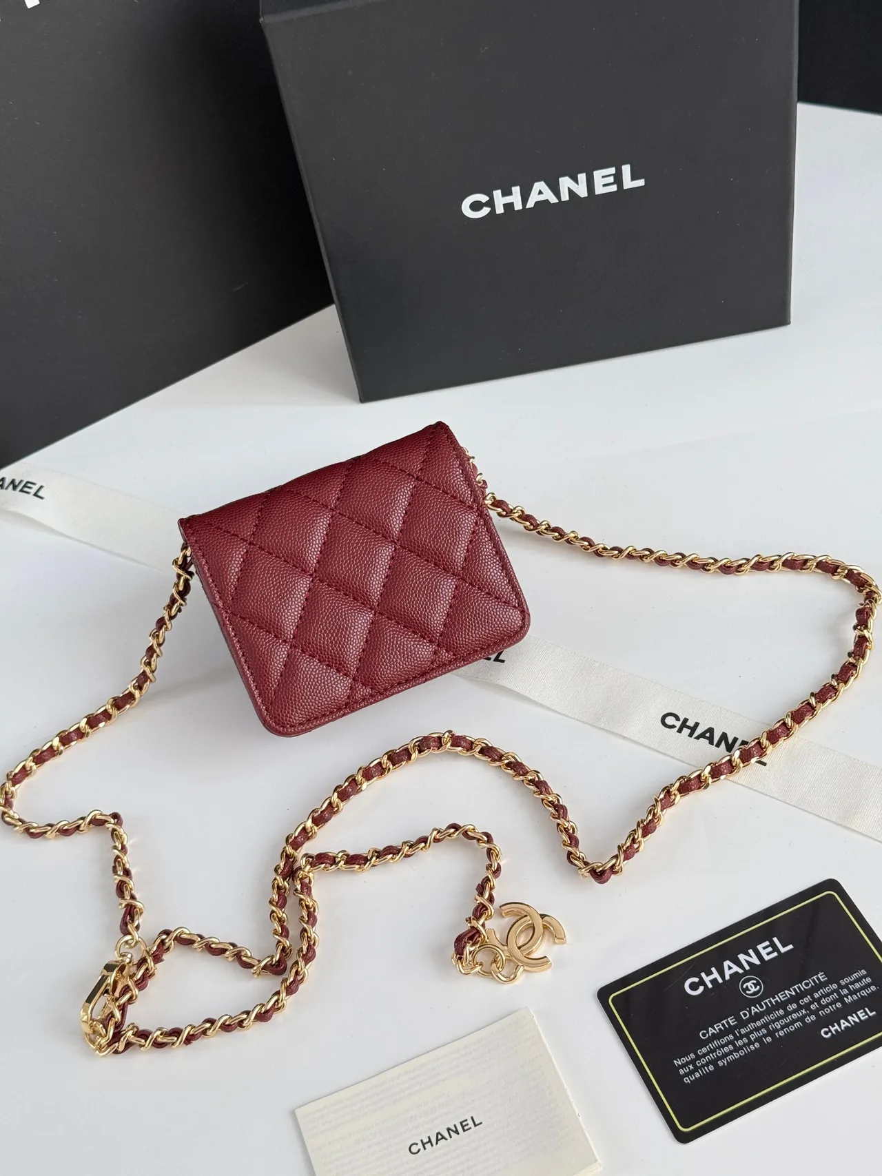 Chanel Quilted Chain Mini Wallet in Burgundy · view 1