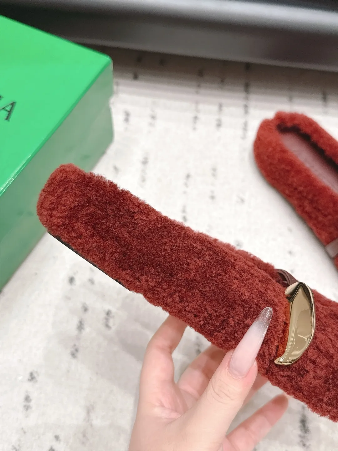 Bottega Veneta Sheepskin Buckle Fur Mary Jane Mules in Red · view 7