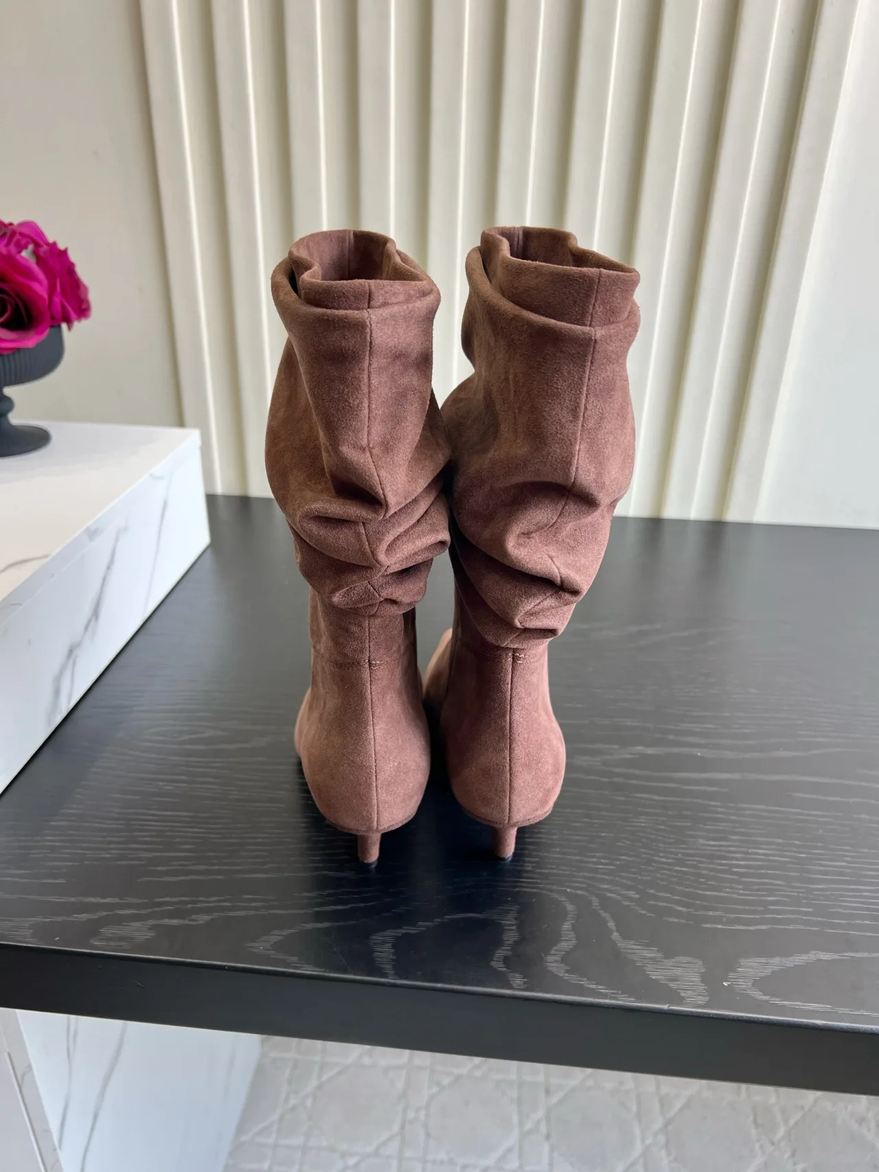 Amina Muaddi Cowhide Ribbed Glossy Pointed-Toe Slouch Ankle Boots in Pink · view 3