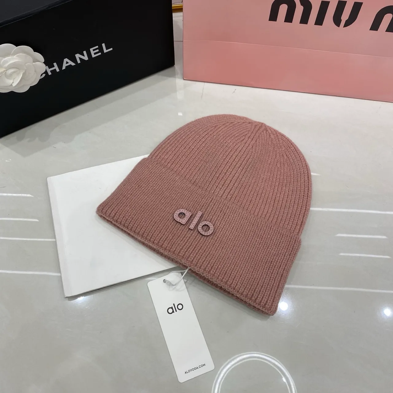 Alo Beanie in Black & White & Tan & Grey & Pink · view 5