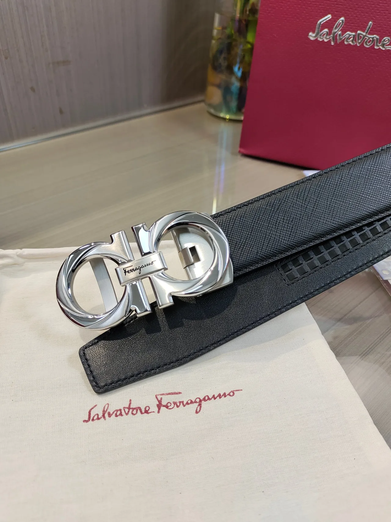 Ferragamo Calfskin Glossy Belt in Black · view 8