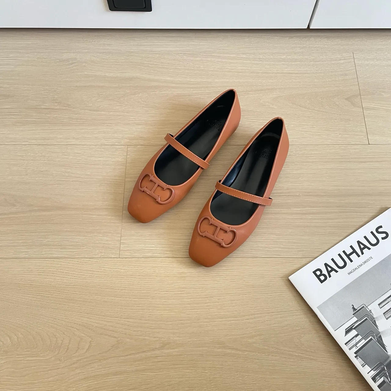 Hermes Leather Glossy Square-Toe Mary Jane Shoes in Tan · view 2