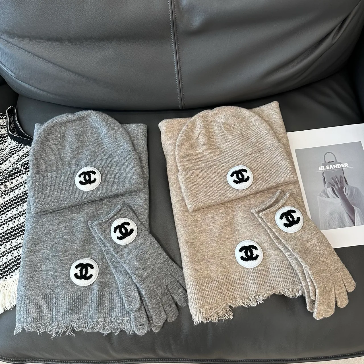 Chanel Hat Scarf and Gloves Set in Black & Grey & Beige & White · view 4