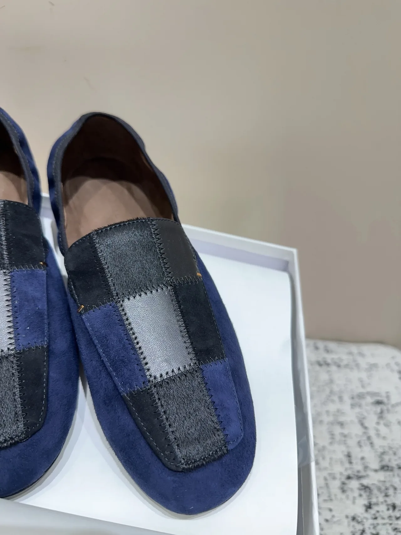 Khaite Sheepskin Suede-Look Loafers in Blue · view 7