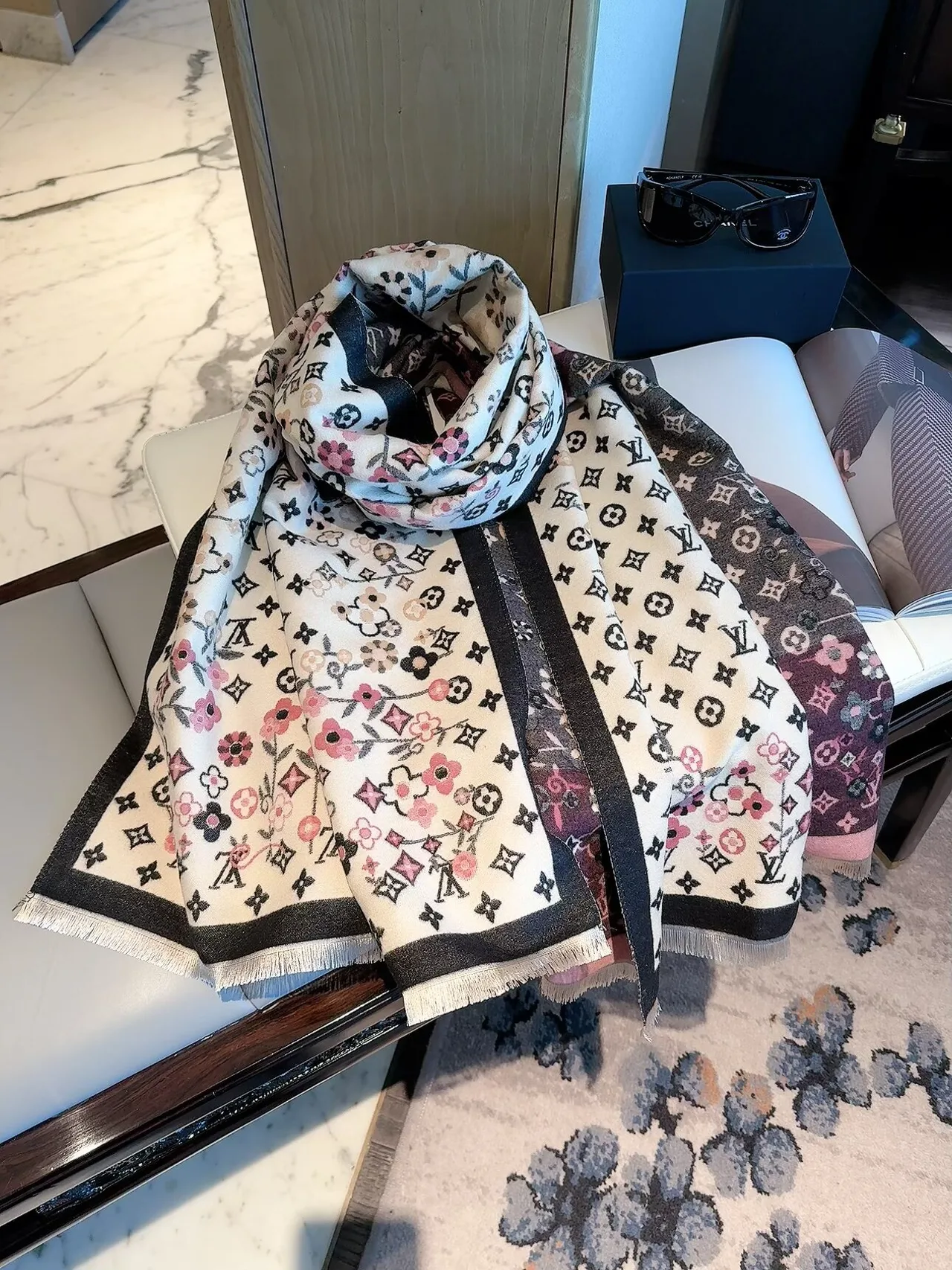 Louis Vuitton Floral Monogram Scarf in Pink & Cream · view 2