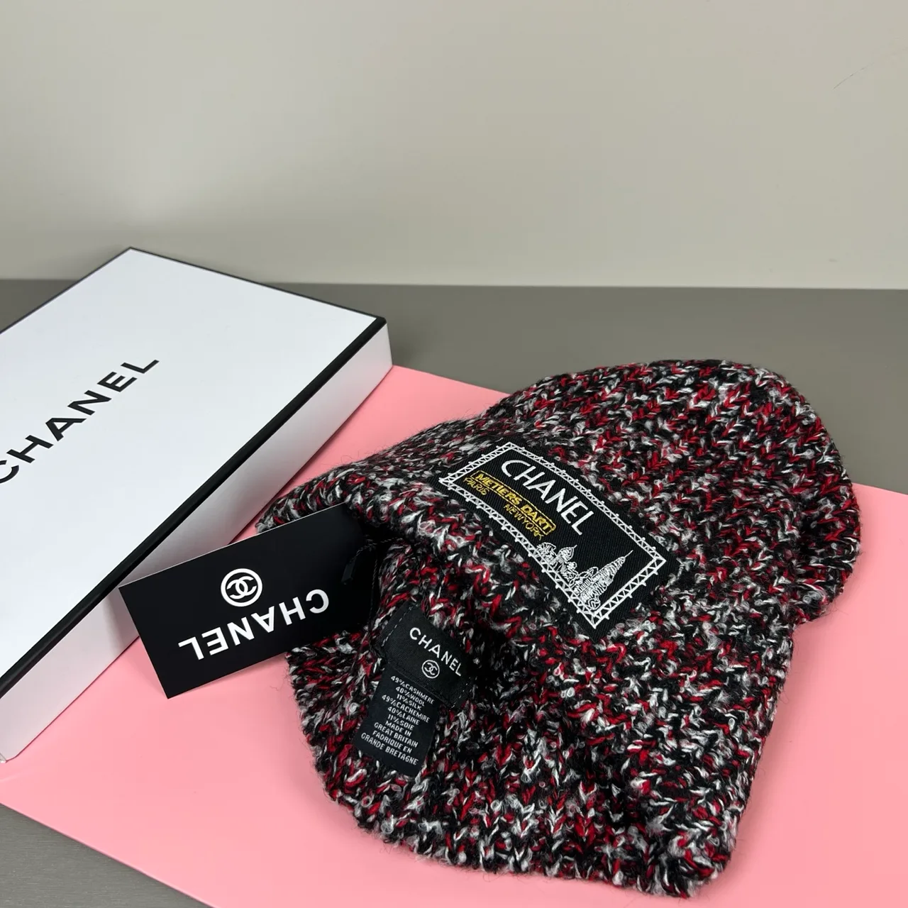 Chanel Flecked Knit Beanie in Burgundy & Grey & Cream & Black · view 8