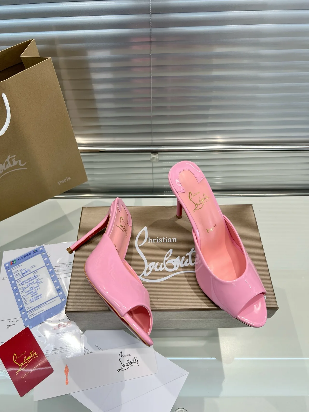 Christian Louboutin Open-toe heeled mules in Pink & Burgundy & Black & Blue & White · view 3